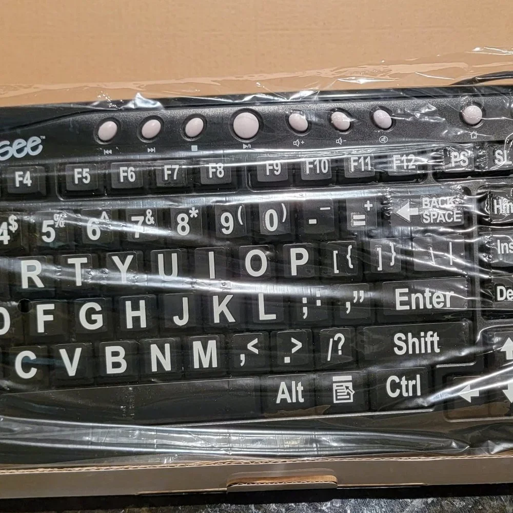 EZ SEE Large Print Keyboard-White Keys on Black Background-NIB